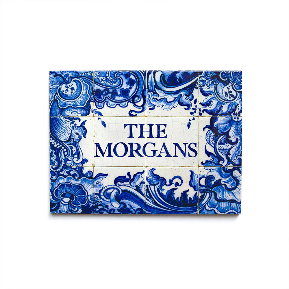 Personalized Delft Blue Ceramic Tile: Chinoiserie Family Name Sign