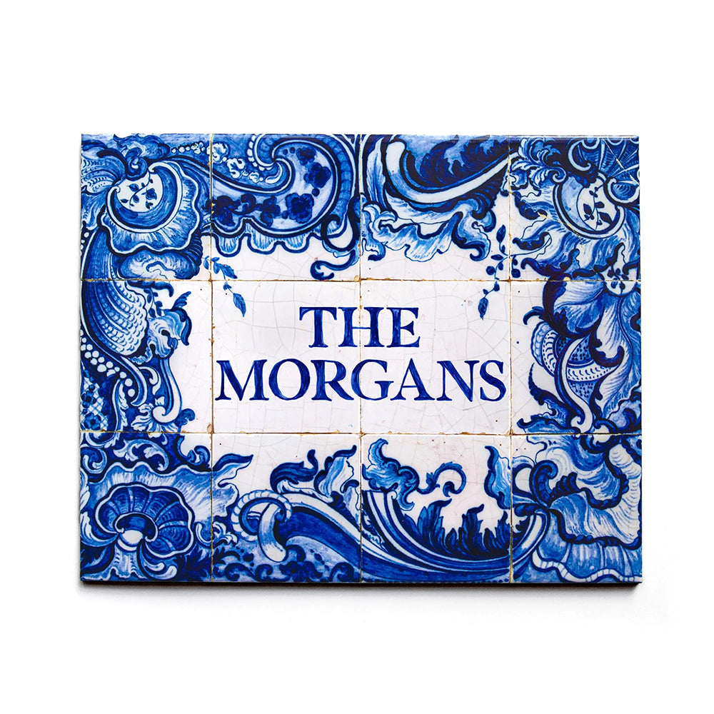Personalized Delft Blue Ceramic Tile: Chinoiserie Family Name Sign