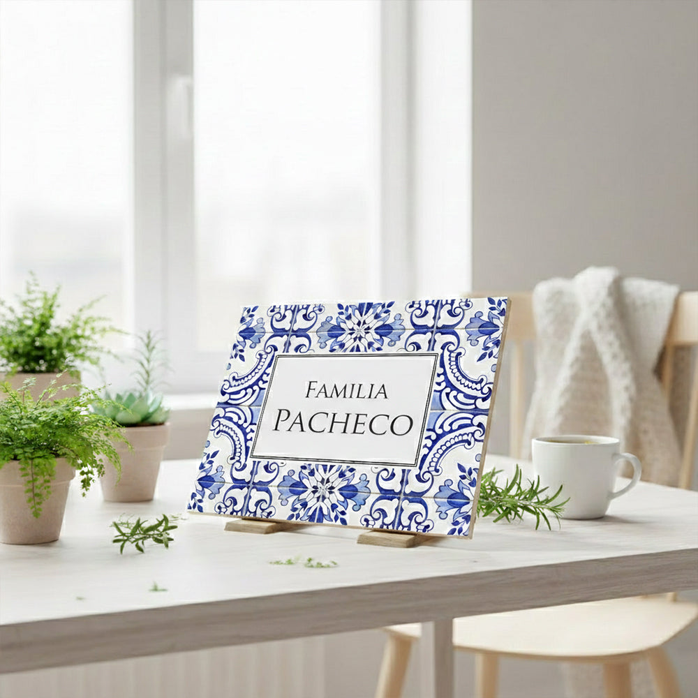 Personalized Portuguese Tile Family Sign: Blue Azulejo Ceramic Art